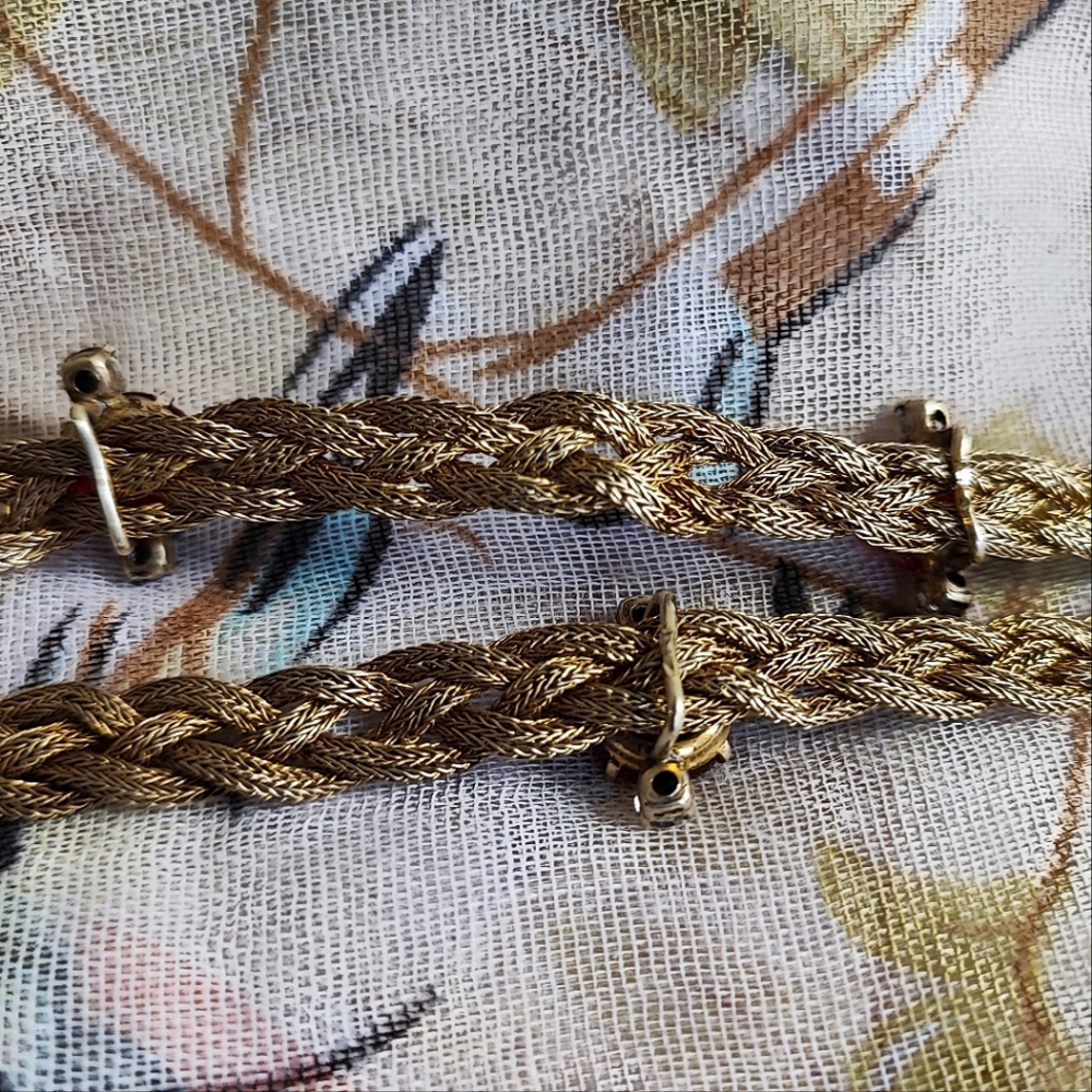 Dual Strand Braided Sterling Vintage Gold Wash Slide Bracelet Red & Gray Stones - Picture 9 of 15